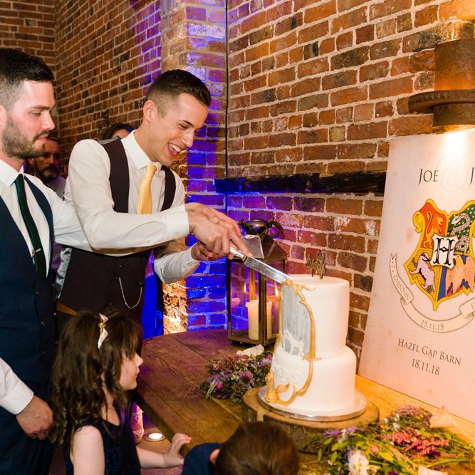 Two Grooms Cutting Harry Potter Wedding Cake
