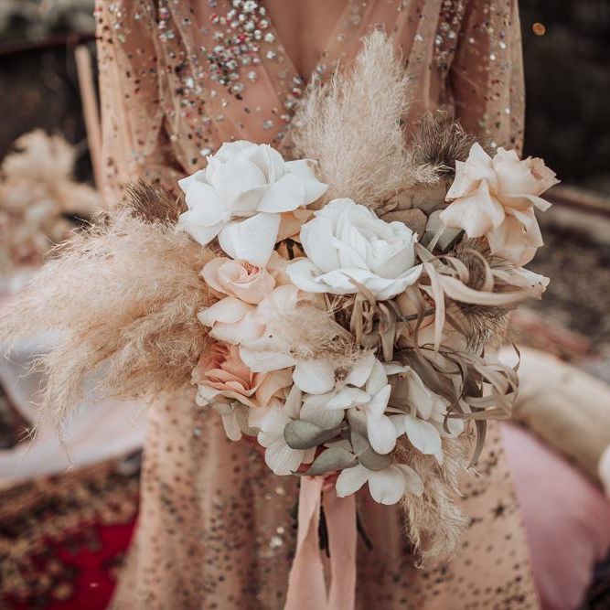 boho wedding bouquet with blush roses, orchids and pampas grass
