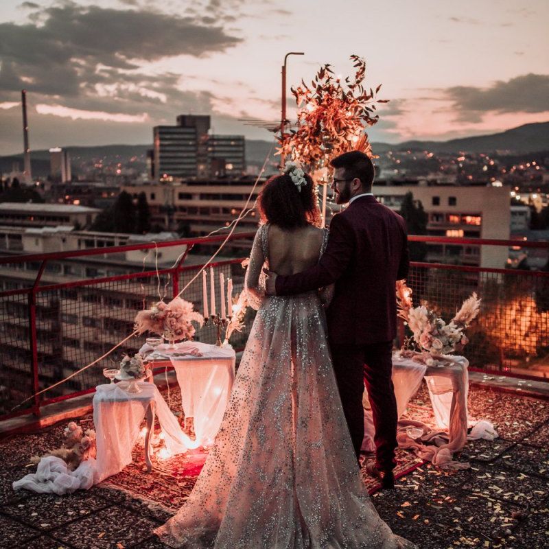 bride in tulle and sparkle wedding dress at rooftop wedding by Martina Skrobot Photography