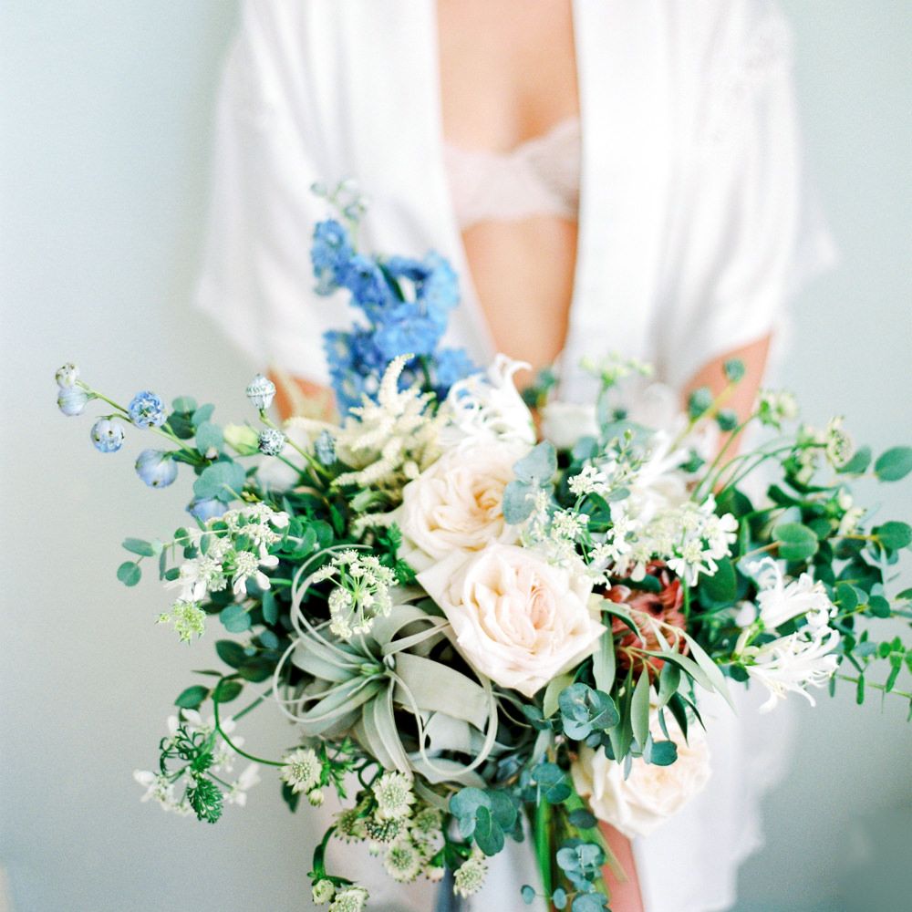 Oversized Bridal Bouquet with Roses, Foliage &amp; Stocks | Pastel Blue &amp; Green, Romantic, Destination Wedding at Corfu Luxury Villas, Planned by Rosmarin Weddings &amp; Events | Mikhail Balygin Fine Art Wedding Photographer