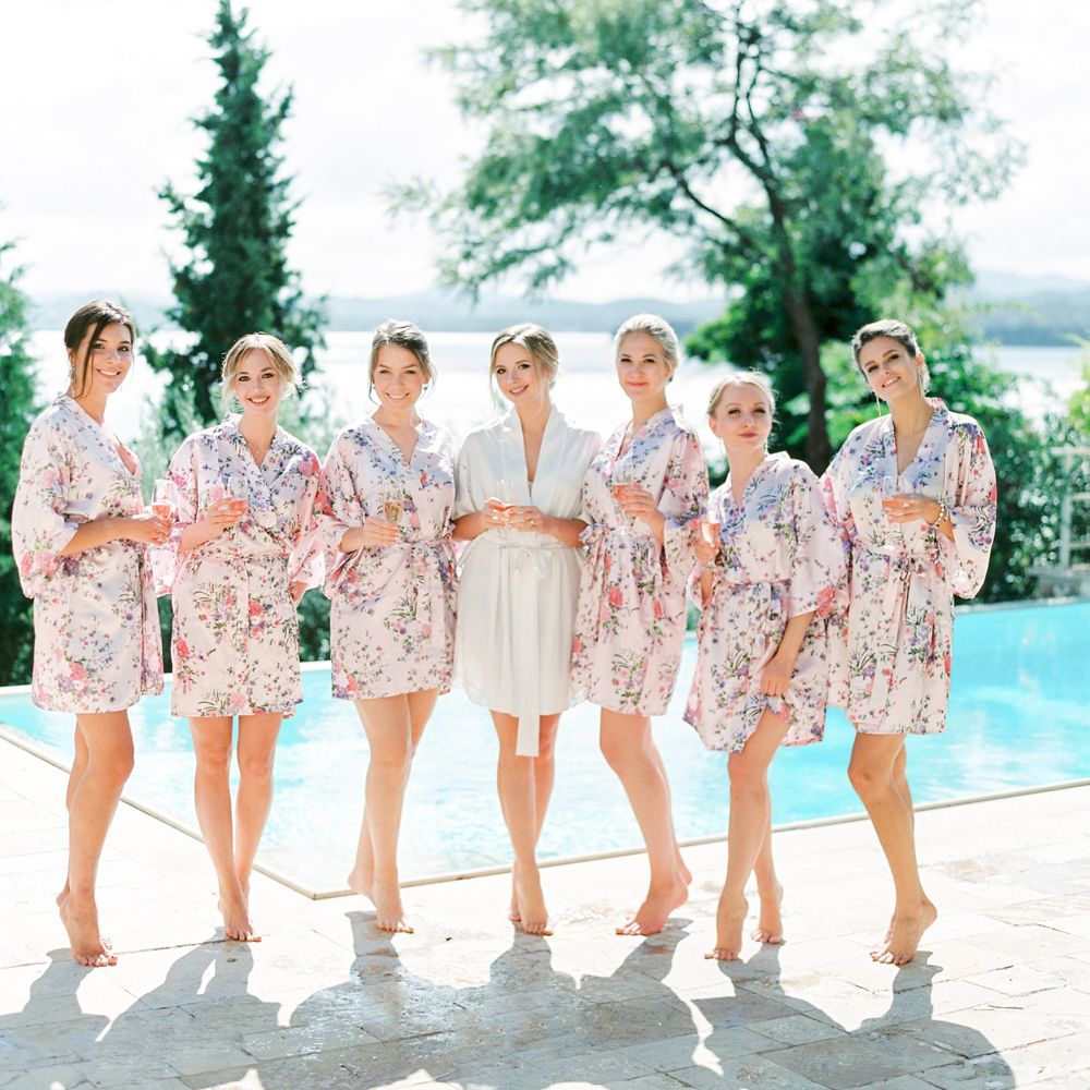 Bridal Party in Matching Getting Ready Robes | Pastel Blue &amp; Green, Romantic, Destination Wedding at Corfu Luxury Villas, Planned by Rosmarin Weddings &amp; Events | Mikhail Balygin Fine Art Wedding Photographer