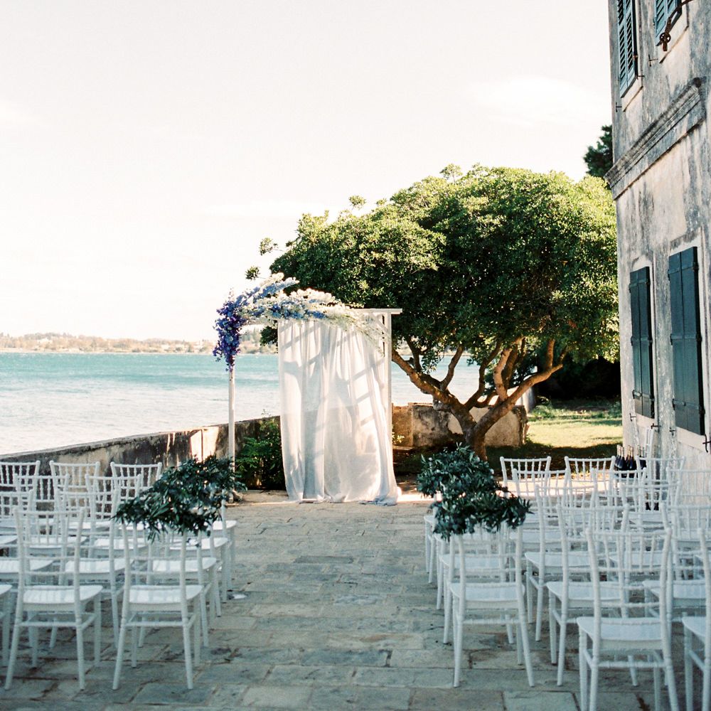 Outdoor Wedding Ceremony Aisle &amp; Altar | Pastel Blue &amp; Green, Romantic, Destination Wedding at Corfu Luxury Villas, Planned by Rosmarin Weddings &amp; Events | Mikhail Balygin Fine Art Wedding Photographer