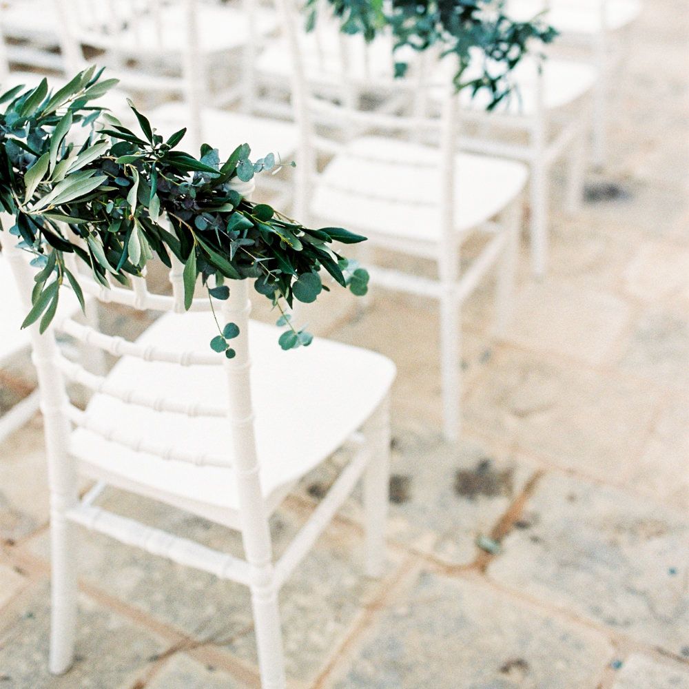 Outdoor Wedding Ceremony Aisle Chair Foliage | Pastel Blue &amp; Green, Romantic, Destination Wedding at Corfu Luxury Villas, Planned by Rosmarin Weddings &amp; Events | Mikhail Balygin Fine Art Wedding Photographer