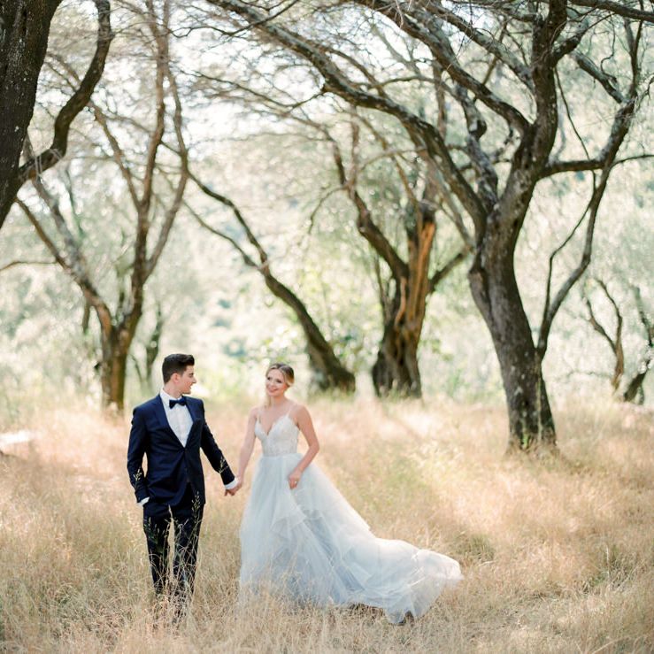 Bride in Coloured Hayley Paige Wedding Dress | Groom in Black Tie Suit | Pastel Blue &amp; Green, Romantic, Destination Wedding at Corfu Luxury Villas, Planned by Rosmarin Weddings &amp; Events | Mikhail Balygin Fine Art Wedding Photographer