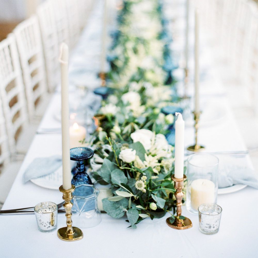 Elegant Tablescape with Coloured Goblets, Floral Table Runner, Taper Candles &amp; Geode Name Place | Pastel Blue &amp; Green, Romantic, Destination Wedding at Corfu Luxury Villas, Planned by Rosmarin Weddings &amp; Events | Mikhail Balygin Fine Art Wedding Photographer