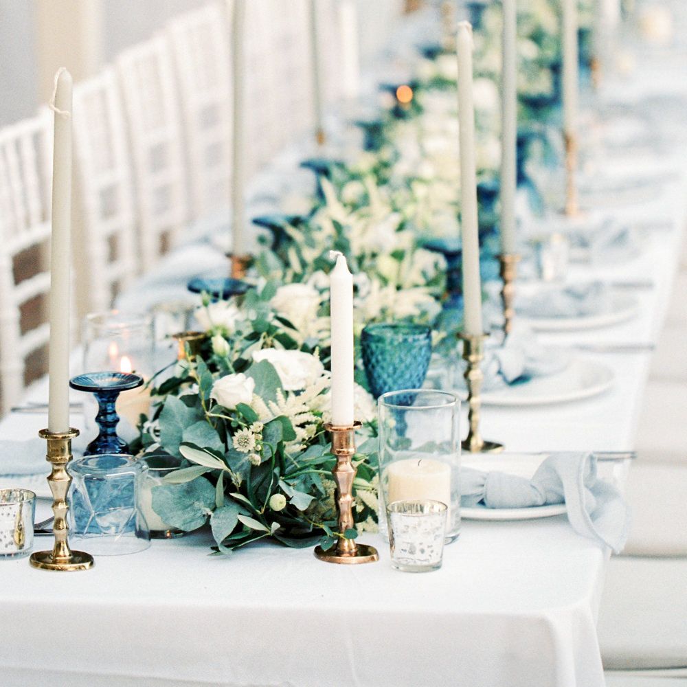 Elegant Tablescape with Coloured Goblets, Floral Table Runner, Taper Candles &amp; Geode Name Place | Pastel Blue &amp; Green, Romantic, Destination Wedding at Corfu Luxury Villas, Planned by Rosmarin Weddings &amp; Events | Mikhail Balygin Fine Art Wedding Photographer