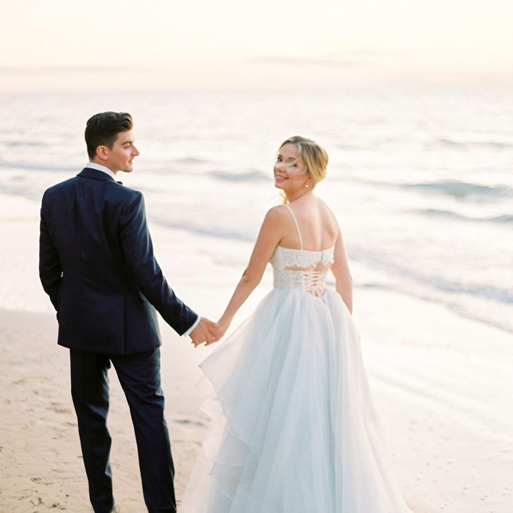 Bride in Coloured Hayley Paige Wedding Dress | Groom in Black Tie Suit | Pastel Blue &amp; Green, Romantic, Destination Wedding at Corfu Luxury Villas, Planned by Rosmarin Weddings &amp; Events | Mikhail Balygin Fine Art Wedding Photographer