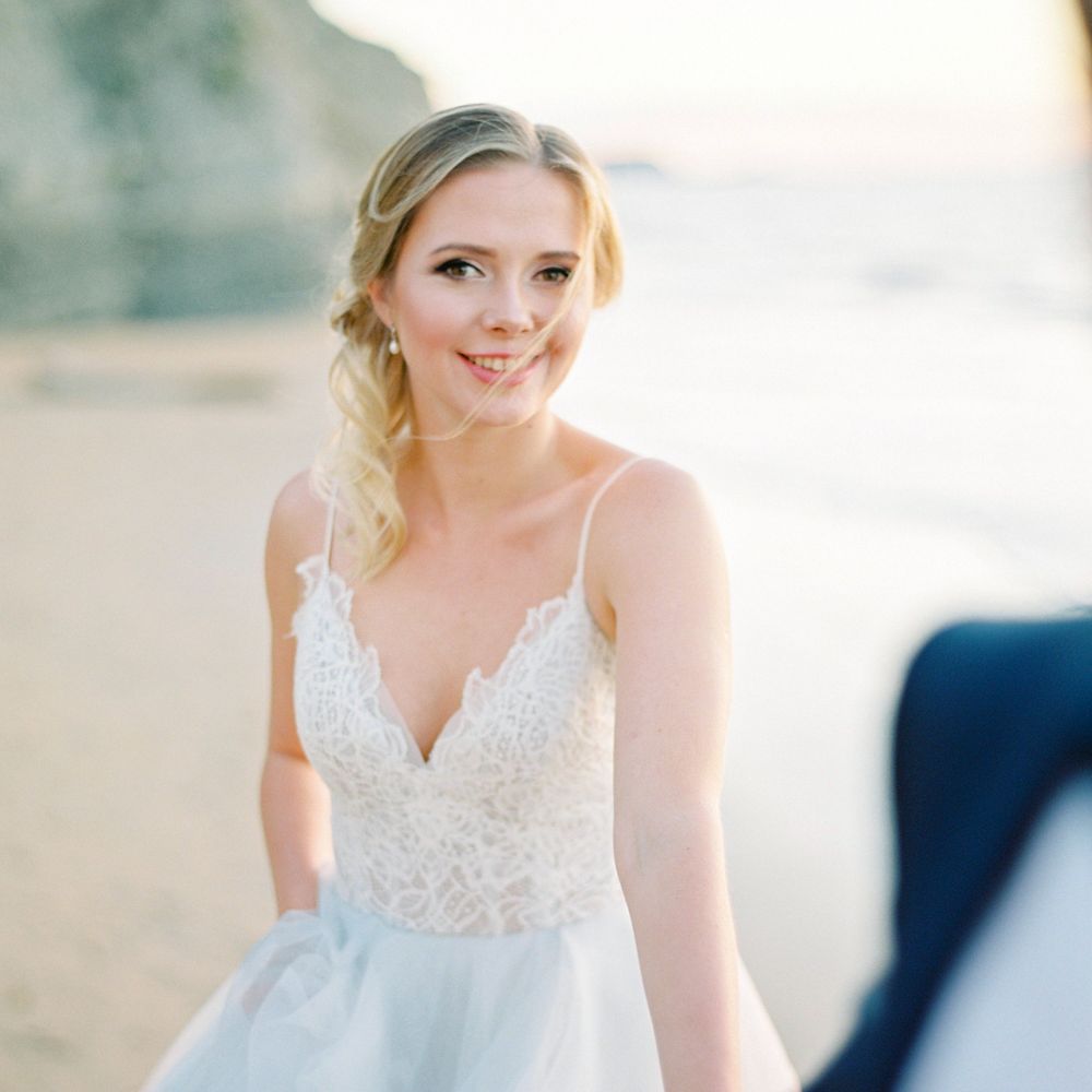 Bride in Coloured Hayley Paige Wedding Dress | Pastel Blue &amp; Green, Romantic, Destination Wedding at Corfu Luxury Villas, Planned by Rosmarin Weddings &amp; Events | Mikhail Balygin Fine Art Wedding Photographer