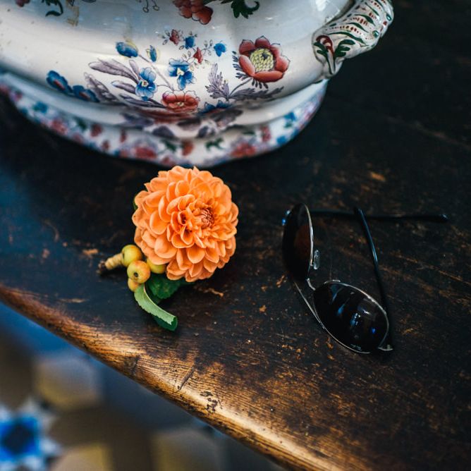 Orange Dahlia Buttonhole |  Colourful Pennard House Wedding With Bride Wearing Alexander Wang Dress | Allison Dewey Photography