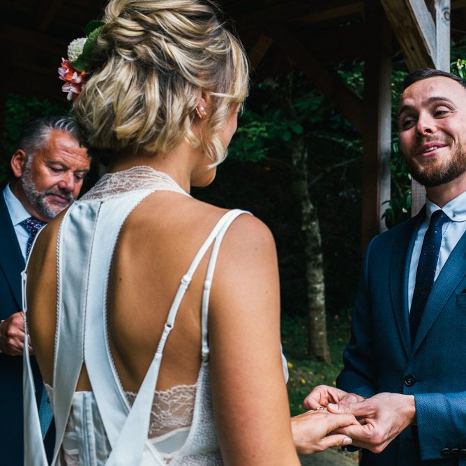 Wedding Ceremony | Bride in Racerback Alexander Wang Wedding Dress | Groom in Blue Ted Baker Suit | Colourful Pennard House Wedding | Allison Dewey Photography