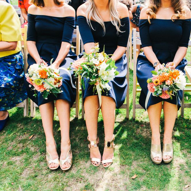 Wedding Ceremony | Bridesmaids in Navy ASOS Dresses | Bright Bouquets of Dahlias | Colourful Pennard House Wedding With Bride Wearing Racerback Dress | Allison Dewey Photography