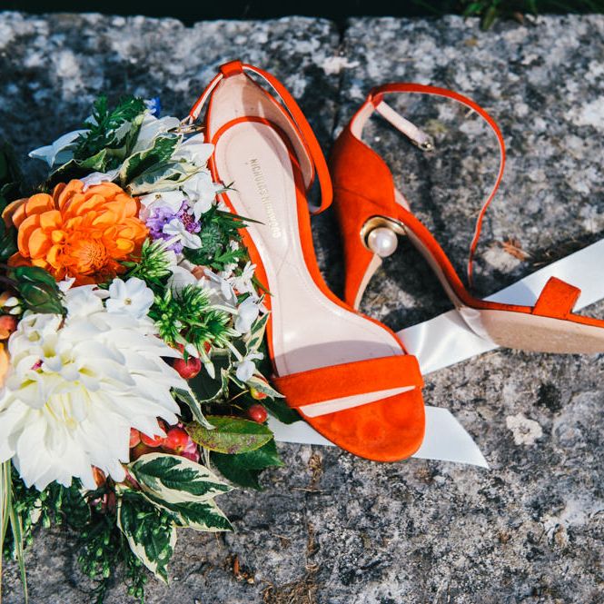 Red Nicholas Kirkwood Shoes with Pearl in Heel | Colourful Pennard House Wedding With Bride Wearing Racerback Dress | Allison Dewey Photography