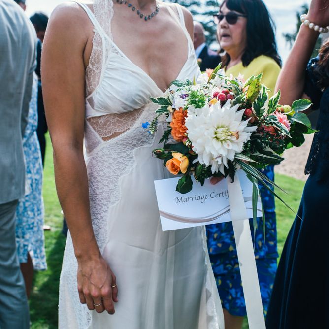 Bride in Alexander Wang Wedding Dress | Bright Bouquet of Dahlias | Colourful Pennard House Wedding With Bride Wearing Racerback Dress | Allison Dewey Photography