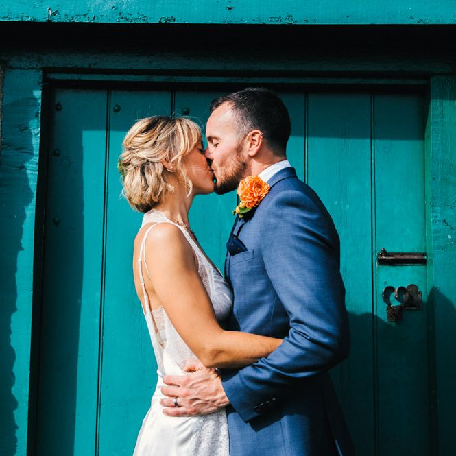 Bride in Racerback Alexander Wang Wedding Dress | Groom in Blue Ted Baker Suit | Colourful Pennard House Wedding With Bride Wearing Racerback Dress | Allison Dewey Photography