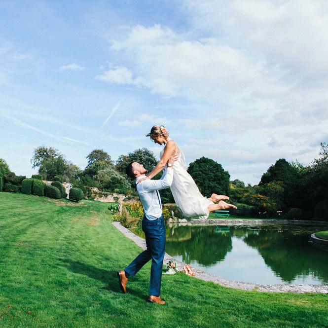 Bride in Racerback Alexander Wang Wedding Dress | Groom in Blue Ted Baker Suit | Colourful Pennard House Wedding With Bride Wearing Racerback Dress | Allison Dewey Photography