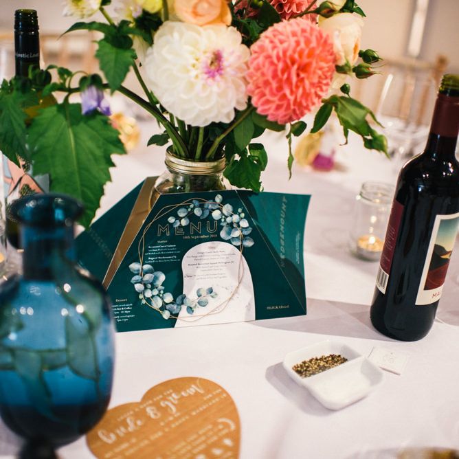 Wedding Reception | Bright Dahlias in Jar | Wedding Breakfast Menu | Colourful Pennard House Wedding With Bride Wearing Racerback Dress | Allison Dewey Photography