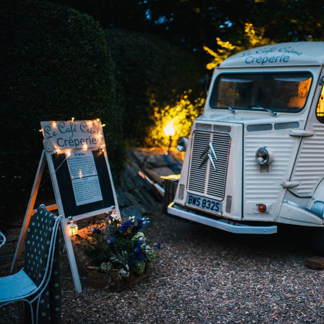Wedding Reception | Le Cafe Creme  Crepe Van | Colourful Pennard House Wedding With Bride Wearing Racerback Dress | Allison Dewey Photography