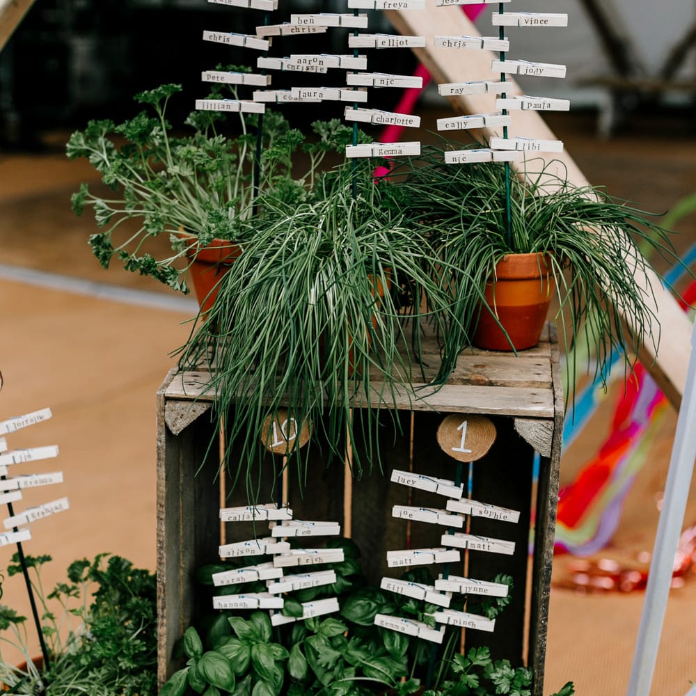 Rustic Table Plan For Wedding // Bride In Floral Dress By Stephanie Allin Festival Wedding With Food Trucks &amp; Outdoor Ceremony With Geo Dome Tent Baya Hire Epic Love Story Photography