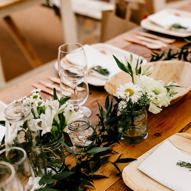 Biodegradable Dinner Wear For Wedding // Bride In Floral Dress By Stephanie Allin Festival Wedding With Food Trucks &amp; Outdoor Ceremony With Geo Dome Tent Baya Hire Epic Love Story Photography