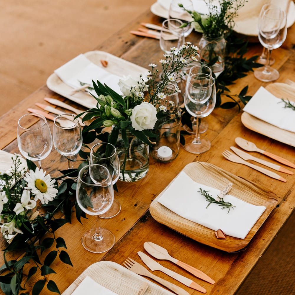 Biodegradable Dinner Wear For Wedding // Bride In Floral Dress By Stephanie Allin Festival Wedding With Food Trucks &amp; Outdoor Ceremony With Geo Dome Tent Baya Hire Epic Love Story Photography