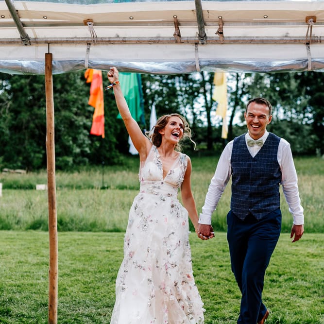 Bride In Floral Dress By Stephanie Allin Festival Wedding With Food Trucks &amp; Outdoor Ceremony With Geo Dome Tent Baya Hire Epic Love Story Photography