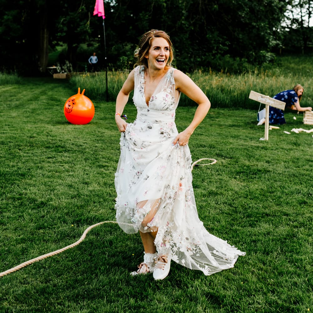 Bride In Floral Dress By Stephanie Allin Festival Wedding With Food Trucks &amp; Outdoor Ceremony With Geo Dome Tent Baya Hire Epic Love Story Photography