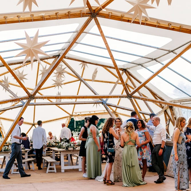 Bride In Floral Dress By Stephanie Allin Festival Wedding With Food Trucks &amp; Outdoor Ceremony With Geo Dome Tent Baya Hire Epic Love Story Photography
