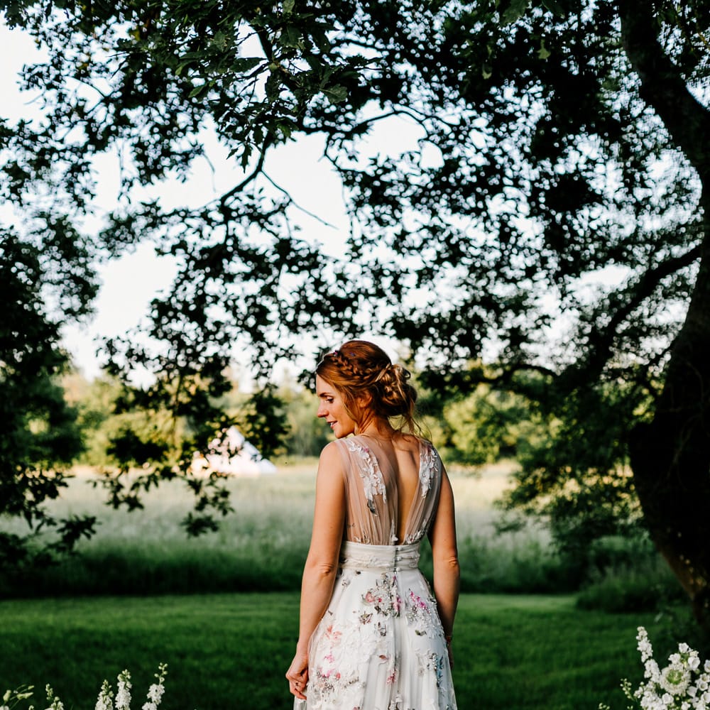 Bride In Floral Dress By Stephanie Allin Festival Wedding With Food Trucks &amp; Outdoor Ceremony With Geo Dome Tent Baya Hire Epic Love Story Photography