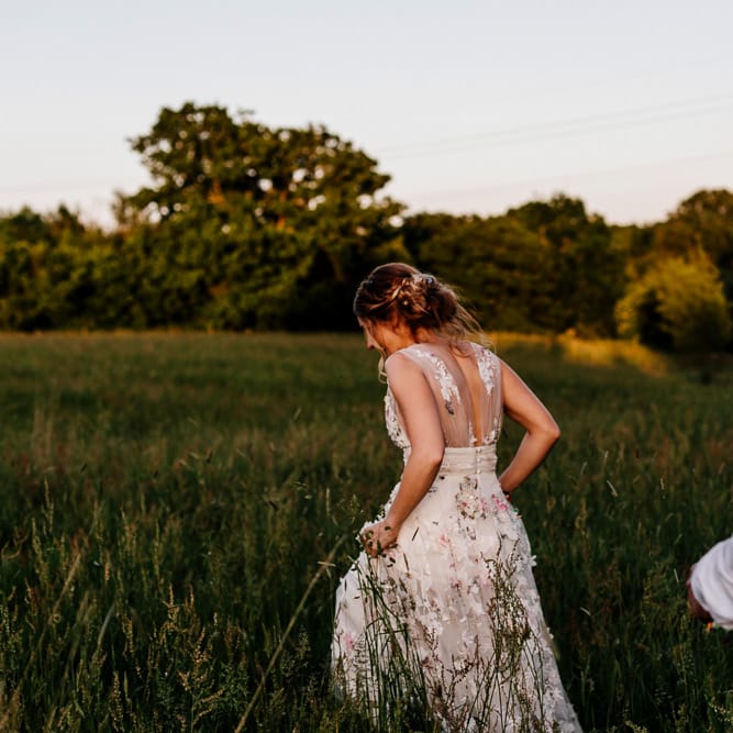 Bride In Floral Dress By Stephanie Allin Festival Wedding With Food Trucks &amp; Outdoor Ceremony With Geo Dome Tent Baya Hire Epic Love Story Photography