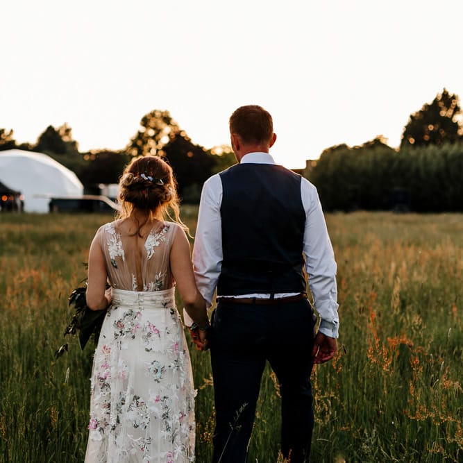 Bride In Floral Dress By Stephanie Allin Festival Wedding With Food Trucks &amp; Outdoor Ceremony With Geo Dome Tent Baya Hire Epic Love Story Photography
