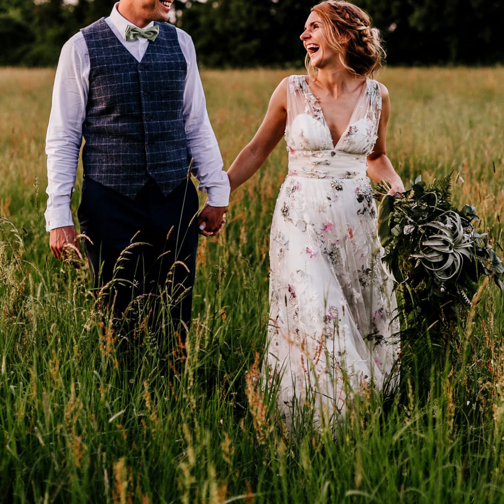 Bride In Floral Dress By Stephanie Allin Festival Wedding With Food Trucks &amp; Outdoor Ceremony With Geo Dome Tent Baya Hire Epic Love Story Photography