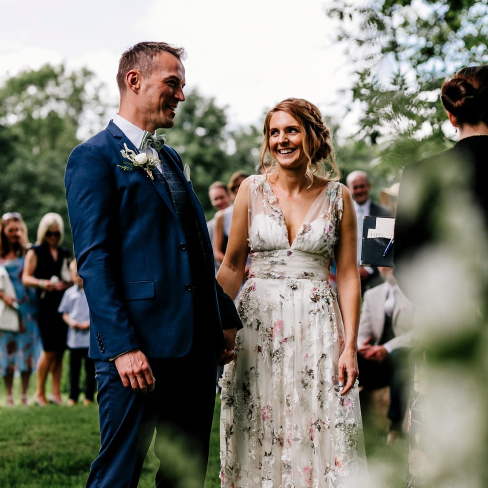 Bride In Floral Dress By Stephanie Allin Festival Wedding With Food Trucks &amp; Outdoor Ceremony With Geo Dome Tent Baya Hire Epic Love Story Photography
