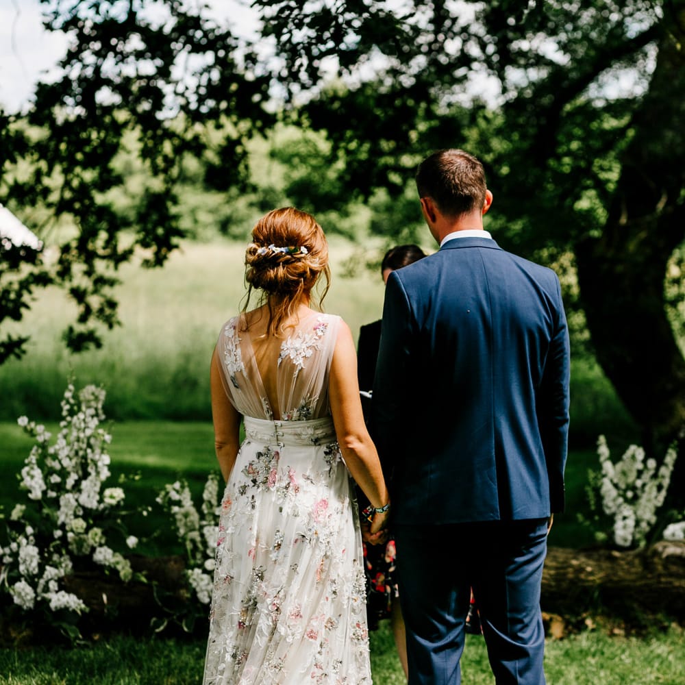 Bride In Floral Dress By Stephanie Allin Festival Wedding With Food Trucks &amp; Outdoor Ceremony With Geo Dome Tent Baya Hire Epic Love Story Photography