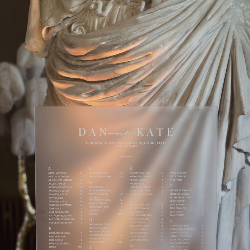 Frosted glass table plan with white lettering