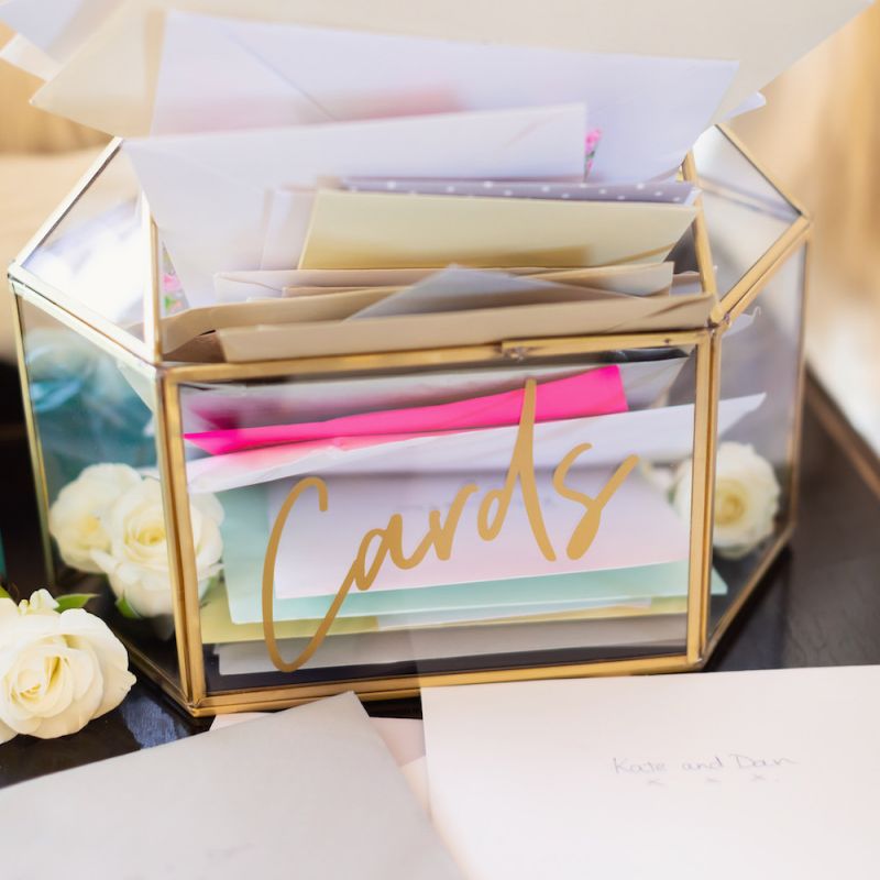 Glass card box with matte gold detailing and lettering