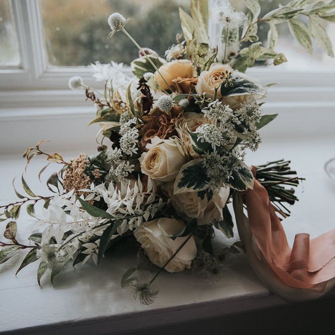Bridal Bouquet With Dried and Neutral Flowers With Tie Ribbon
