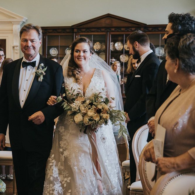 Bride Walking Down The Aisle With Father at Oxfordshire Wedding Venue