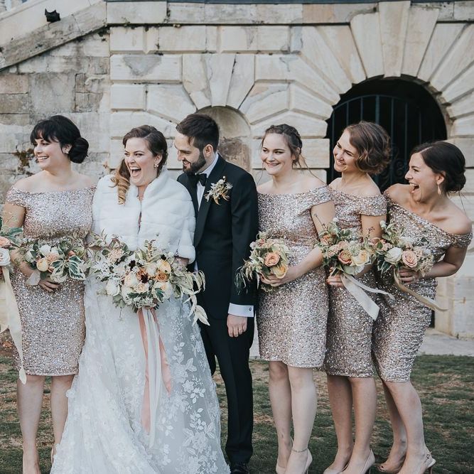 Brial Party In Adrianna Papell Dresses With Groom In Tux