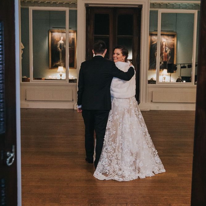 Bride Wears Gemy Maalouf Wedding Dress With Faux Fur Cover Up