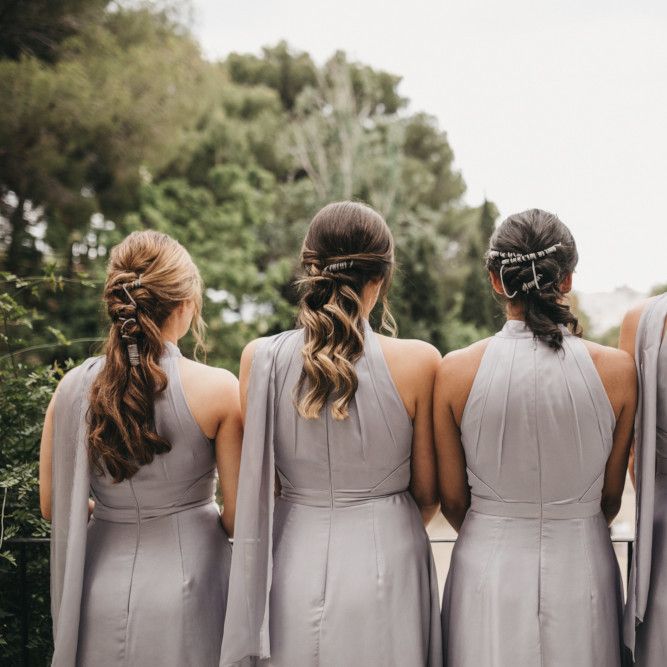 Bridesmaids in Grey Halterneck Dresses and Twisted Half Up Half Down Hairstyles