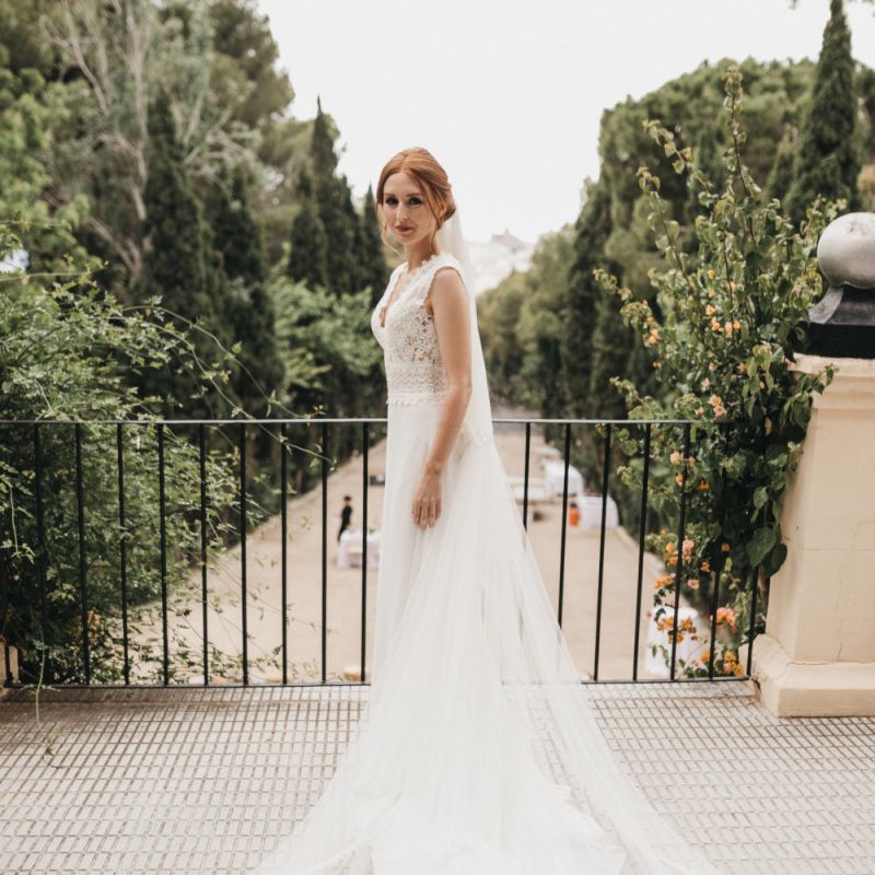 Bride in Pronovias Wedding Dress with Cathedral Length Veil