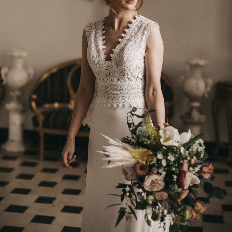 Beautiful Bride in Pronovias Wedding Dress with Lace Bodice