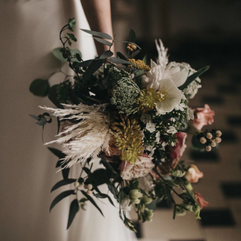 Bridal Bouquet with Peach Flowers, Foliage and Pampas Grass