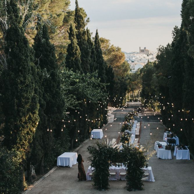 Outdoor Wedding Reception with Festoon Light Canopy