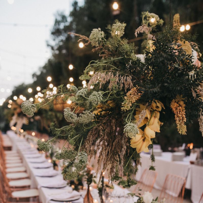 Hanging Floral Installation with Foliage, Pampas Grass and Lillies