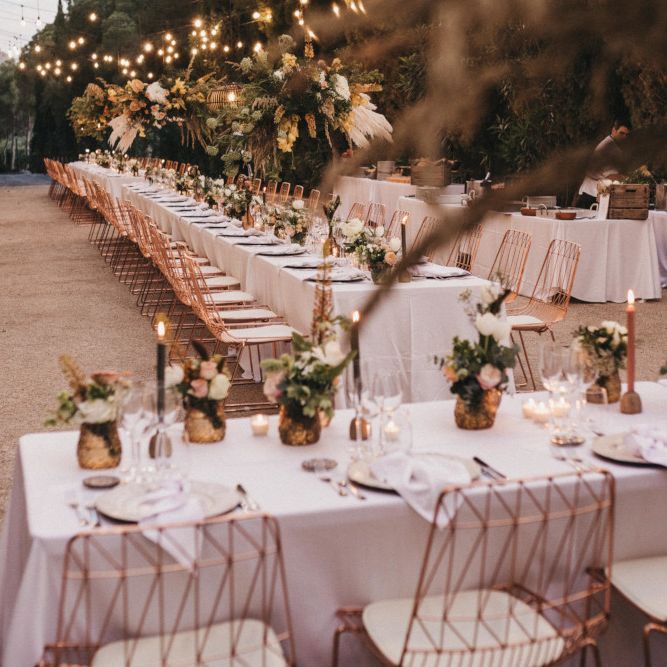 Stylish Wedding Reception Decor with Rose Gold Details and Peach Flowers