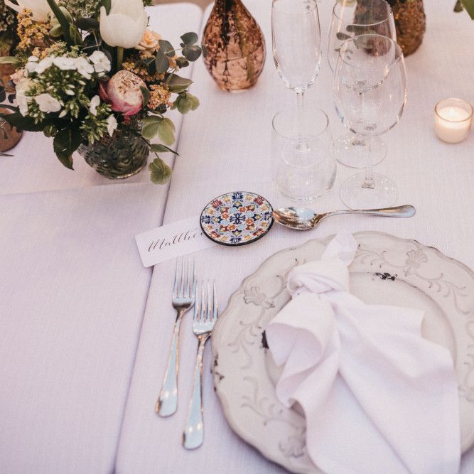 Place Setting with Ornate Tableware and Ceramic Tile Wedding Favour