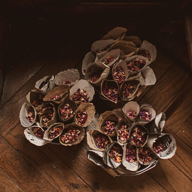 Newspaper Confetti Cones in Wicker Basket