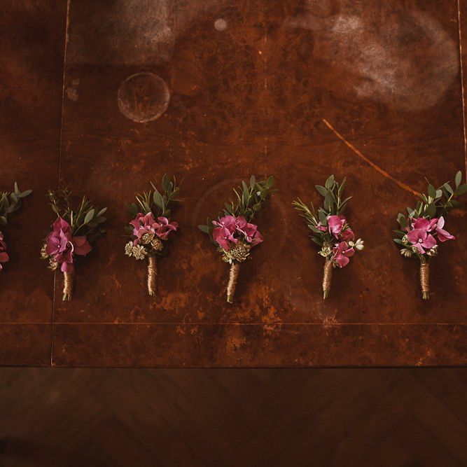 Pink Hydrangea and Foliage Buttonholes featured on escape to the chateau