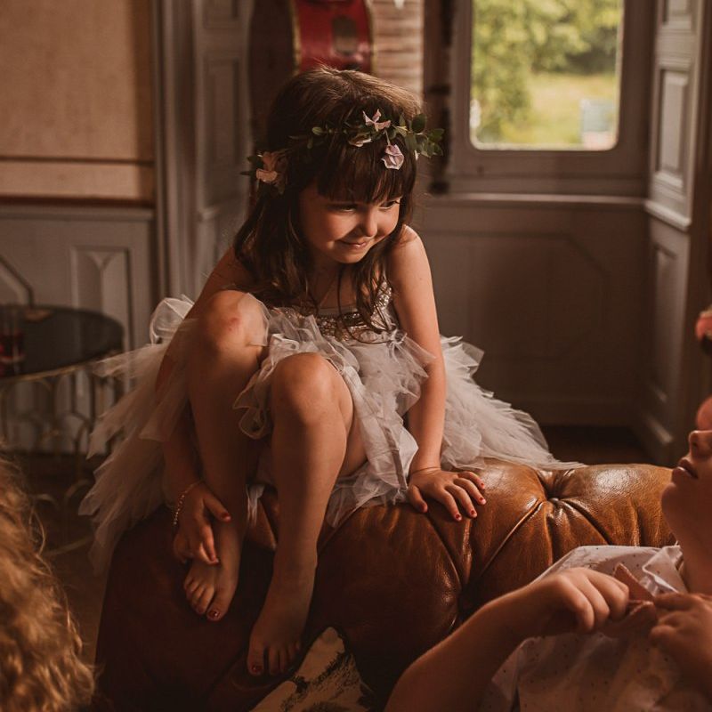 Little Flower Girl in Grey Tulle Tutu and Flower Crown